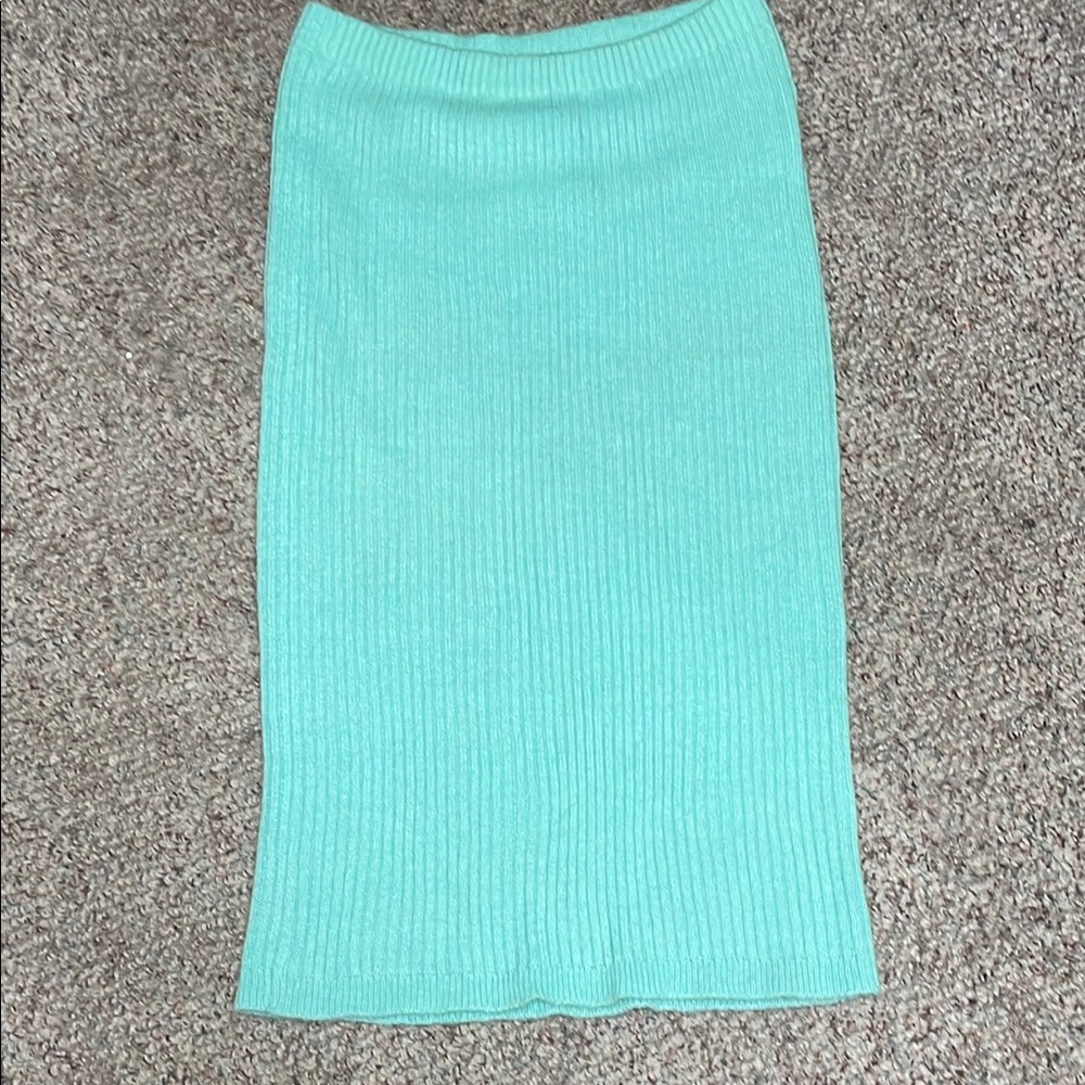 Vintage 80s Mint Green Ribbed knit Women's midi Skirt